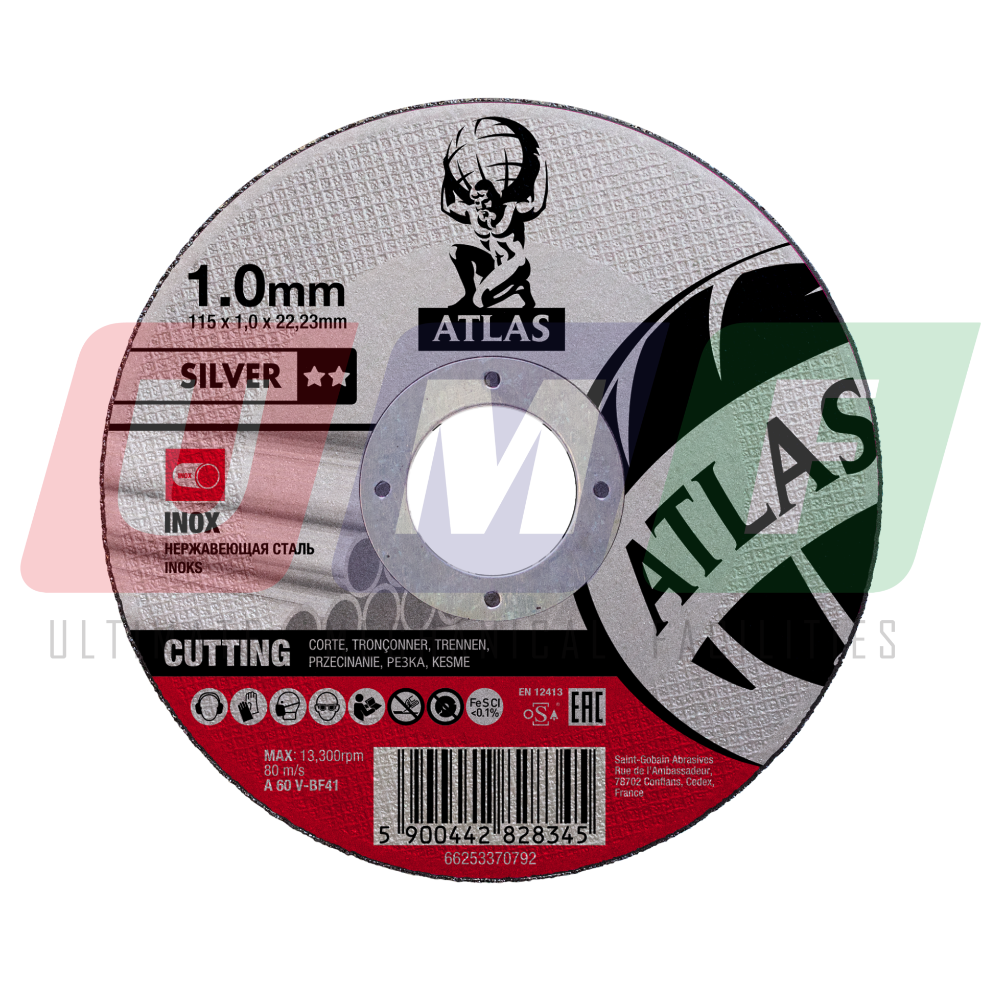 Atlas Paslanmaz Çelik Ultra İnce Kesme Taşı 115 MM 1,0X22,23 Silver