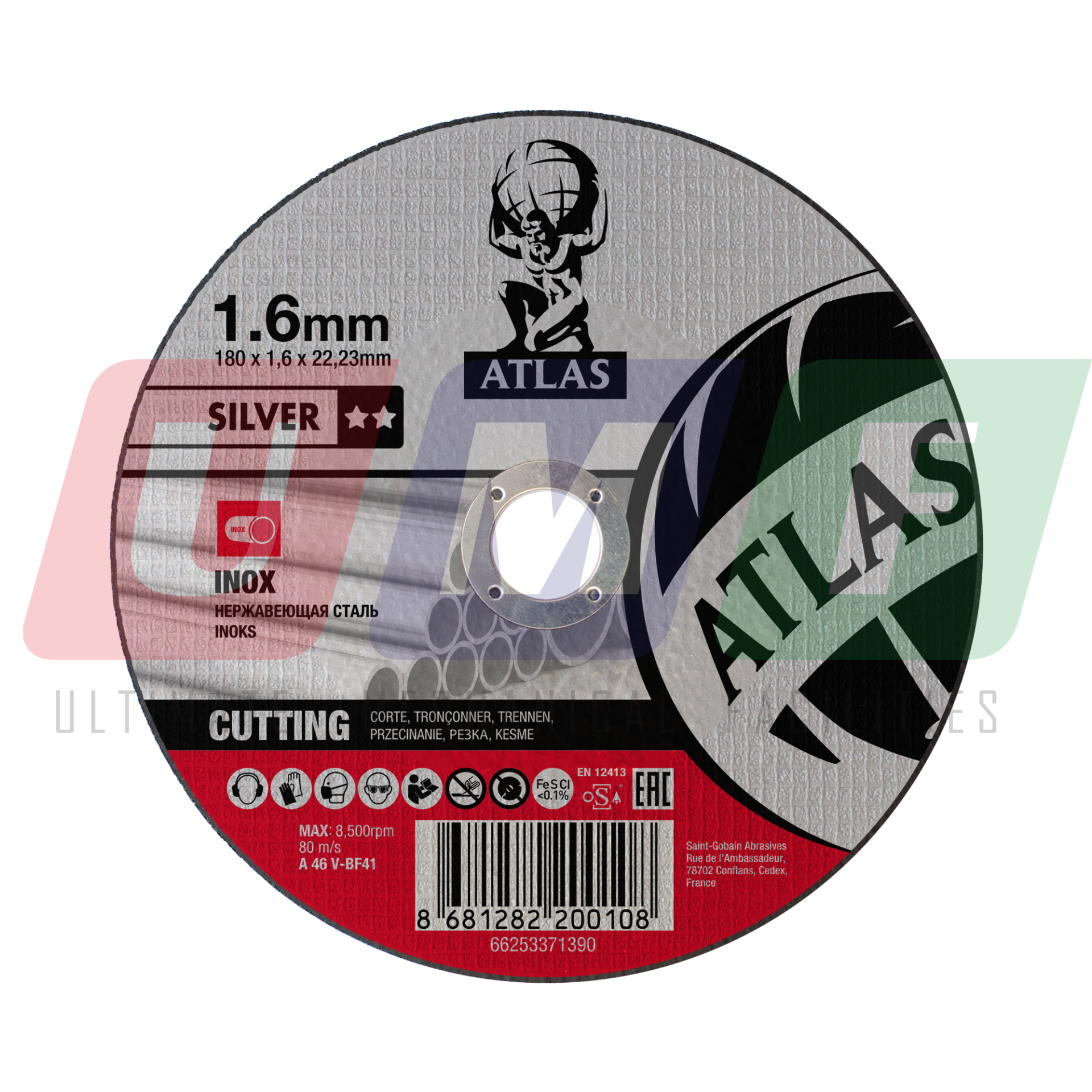 Atlas Paslanmaz Çelik Ultra İnce Kesme Taşı 115 MM 1,6X22,23 Silver
