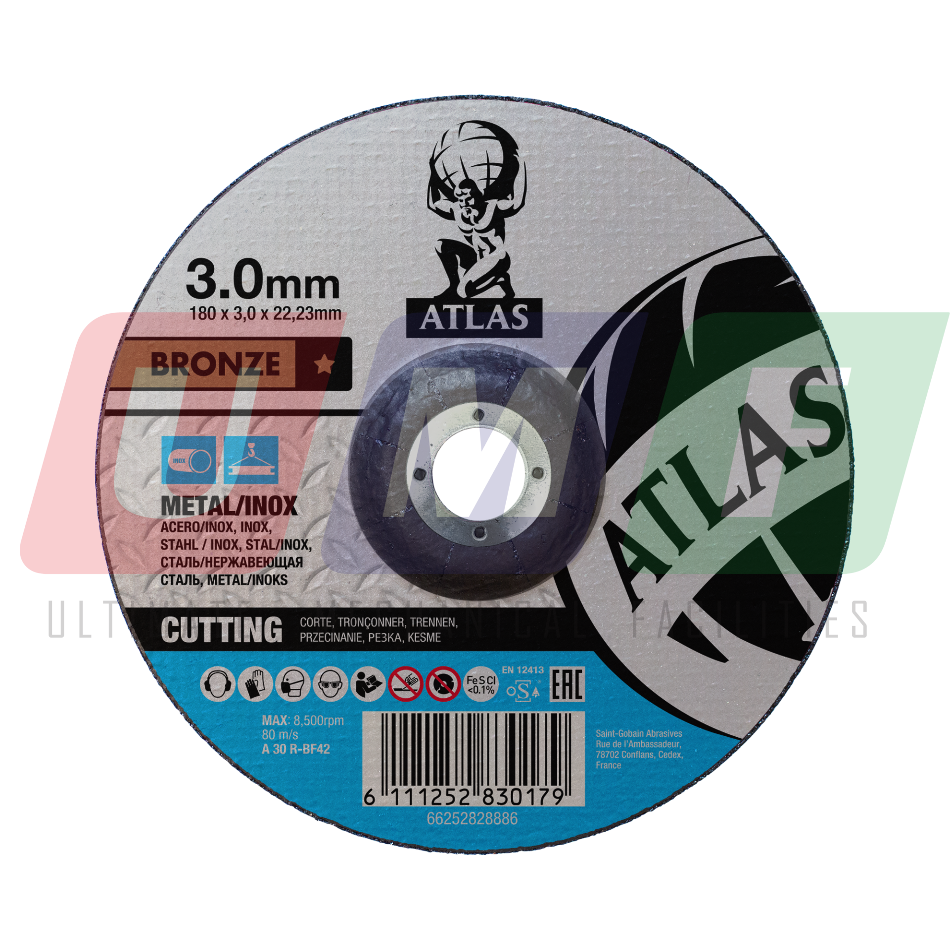 Atlas Metal - Paslanmaz Çelik Kesme Taşı 180 MM 3,0X22,23 Bronze